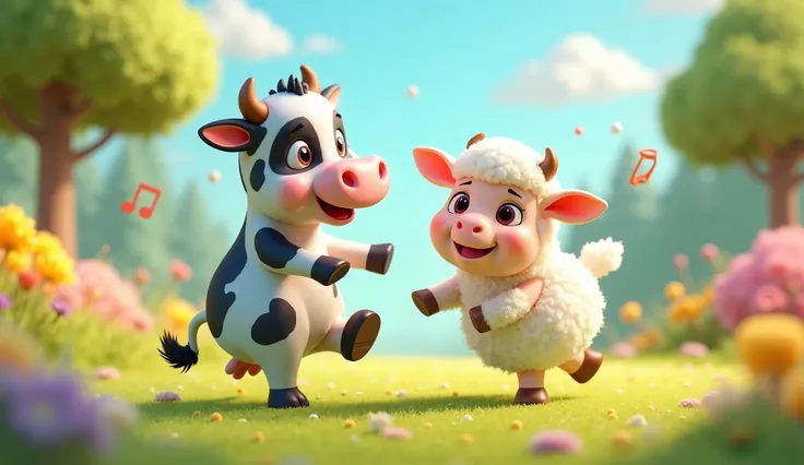 

"Create a vibrant and playful 3D cartoon scene of a black-and-white cow and a fluffy white sheep happily dancing together in a sunny meadow. The cow has classic black patches on white fur, big round eyes full of joy, and a cheerful smile as she sways her...