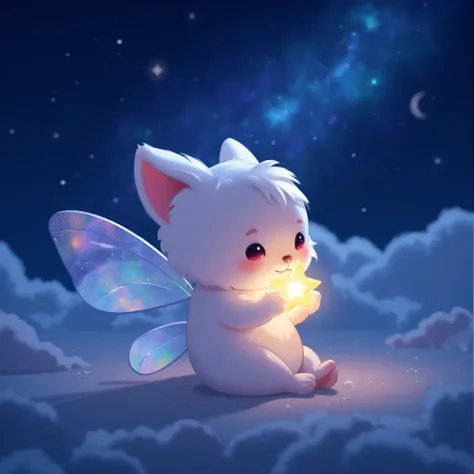 loose character, cute, fluffy, short limbs, sitting adorably, holding a star, fairy familiar of stars, space, galaxy, rainbow, blue palette, translucent fairy wings, unique