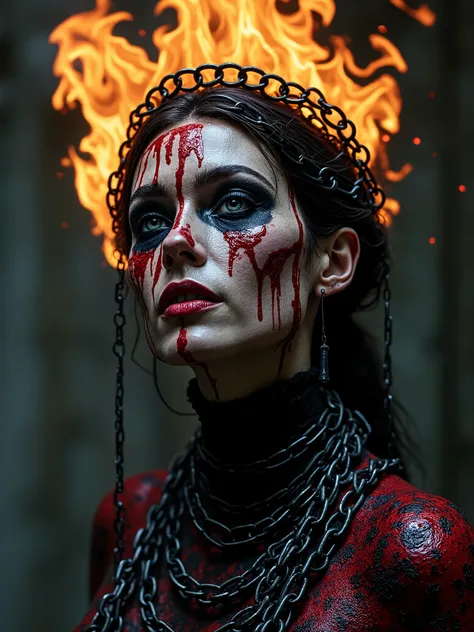 Beautiful Female cosmic entity, chain crown,half skull half face, flames wrapped around her,spilled with red and black fluid,dark makeup,dark surrealism,dark realistic photography, dark occult art,melancholic dark art, surreal dark art,realistic look,chain...