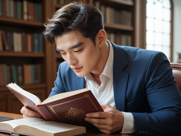 A Korean man reading, that he is handsome. Let's see the library in the background