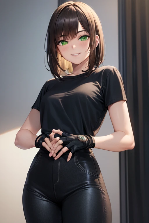 ((best quality)), ((masterpiece)), (detailed), 1 boy, 19 years old, girl face, smiling, medium hair, bangs, brown hair, green eyes, tall, slender, black fingerless gloves, blue shirt, white t-shirt, black pants