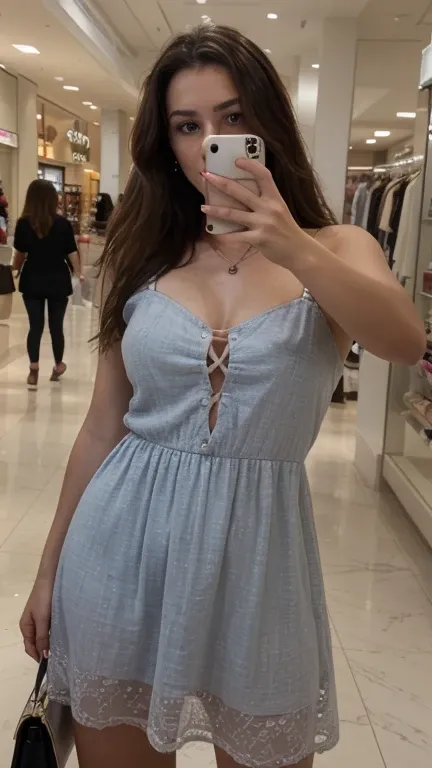 (  absurdly ,  High quality ,  extremely detailed ) ,(  detailed by hand  ) , 1 , ,  mature, long brown hair, beautiful brown eyes (  detailed eye  ),, blue earring  , elegant, more detailed, , ela esta no shopping, she took a selfie  ,  photography, flirt...