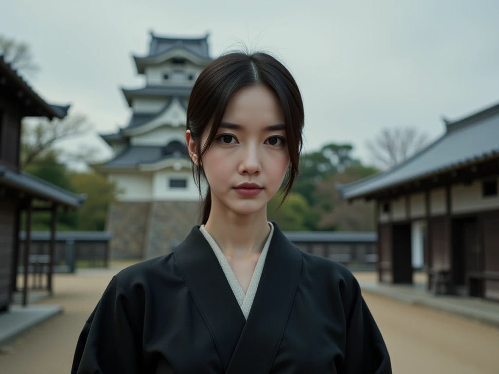 a serene portrait of a asian woman,looking at the viewer and wearing a black kimono and  hakama in a japanese shinto Schreine, in background ; there is a huge japanese castle and a lot of trees and dust. mysterious and dark atomosphere 