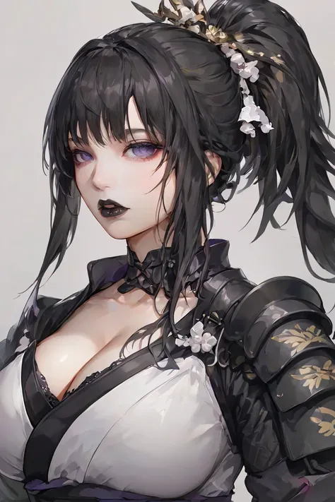 Create a woman with black lips, with black hair and with big breasts. wearing samurai armor.