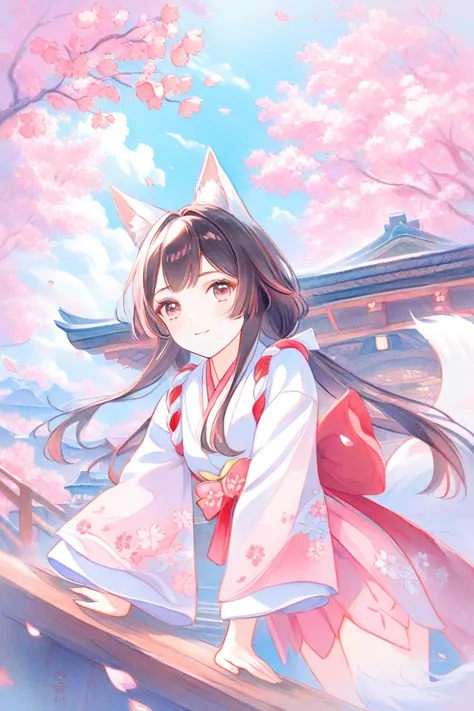 1 woman, pink, sakura blossom, day, clouds, soft pastel, watercolor style, ratio 1:1 (landscape), serene expression, shrine maiden, white fox ears, white tail, best quality, masterpiece, genshin style