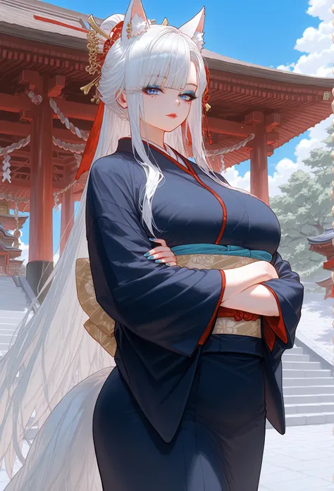 (kitsune ears), mixed_artwork style, long hair, white hair, sidelocks, side bangs, blue eyes, perfect eyes, diamong sharp eyes, black & blue kimono, Mole under eye, curvy, (massive chest), White outline, (expressionless), Sensual woman, Seductive woman, Ma...