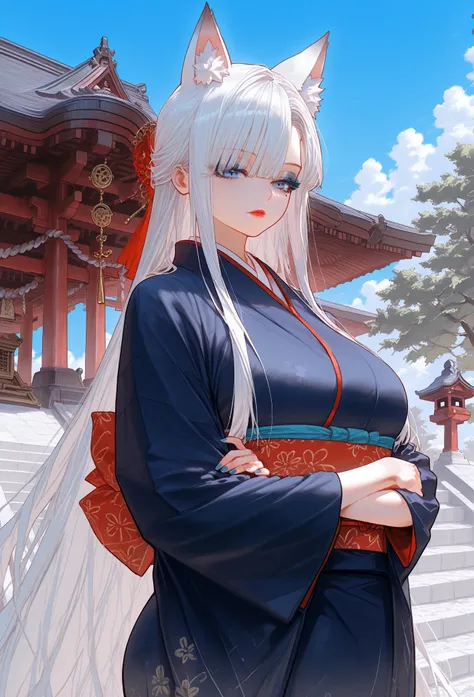 (kitsune ears), mixed_artwork style, long hair, white hair, sidelocks, side bangs, blue eyes, perfect eyes, diamong sharp eyes, black & blue kimono, Mole under eye, curvy, (massive chest), White outline, (expressionless), Sensual woman, Seductive woman, Ma...