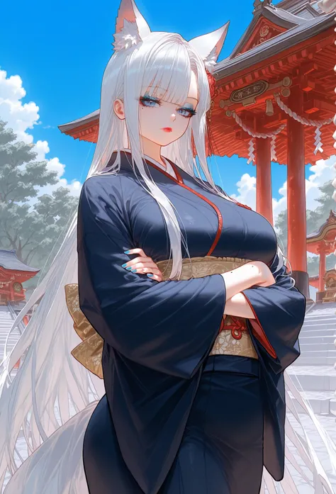 (kitsune ears), mixed_artwork style, long hair, white hair, sidelocks, side bangs, blue eyes, perfect eyes, diamong sharp eyes, black & blue kimono, Mole under eye, curvy, (massive chest), White outline, (expressionless), Sensual woman, Seductive woman, Ma...