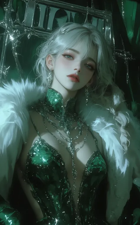 1girl,solo, bangs, A Close up The setting is a detailed emerald green magazine cover, featuring a beautiful young woman. The young woman wears elite clothes, a long emerald green dress (mermaid style), open on one side of the thigh, a fluffy white fur coat...