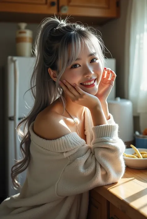 photograph、 creative 、Absolute beauty, Attractive 50 year old,  5' 5&quot;Japanese Actress,、Young looking woman、 very long gray hair 、High ponytail、Detailed eyes、smile、 exposure of shoulder 、Bangs covering the right eye、Detailed eyes, Fluffy bangs, Hair ab...