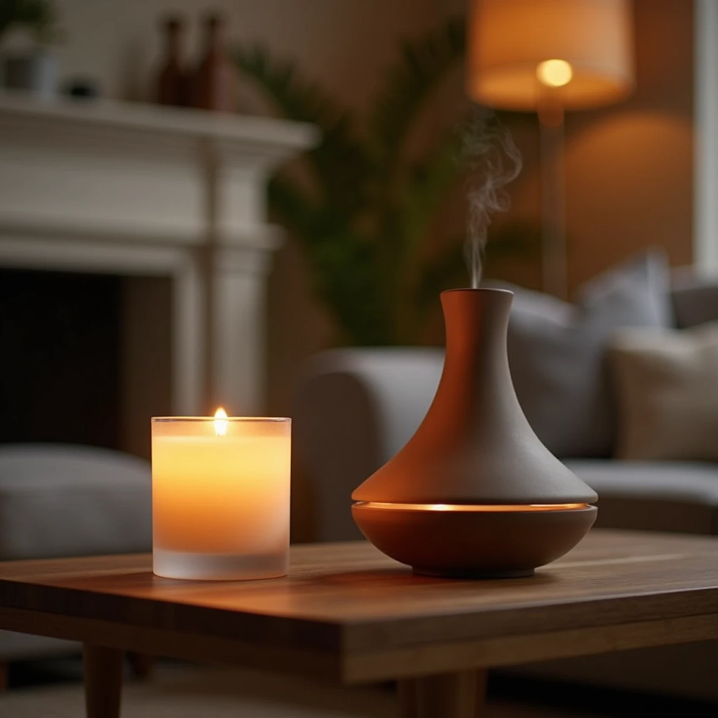 A lit scented candle and a sleek aroma diffuser placed on a coffee table in a cozy living room, creating a warm and inviting atmosphere with subtle lighting