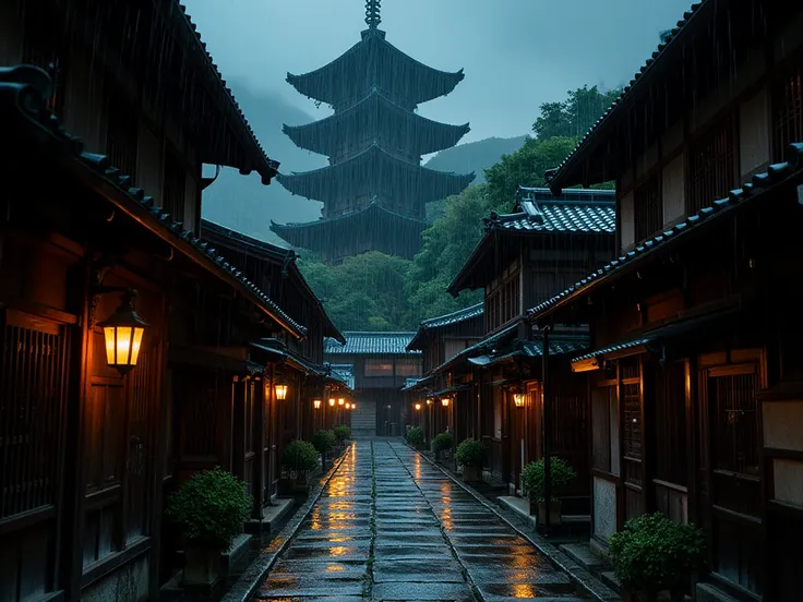 Create a moody and atmospheric scene of a traditional Japanese street during a rainy evening. The street is lined with wooden buildings featuring intricate latticework and glowing lanterns, casting warm light onto the wet stone pavement. In the background,...