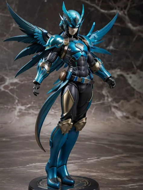 ((best quality)), ((masterpiece)), (detailed), 1 man, full body, 25 years old, masked, blue mask, blue head, uncovered mouth, biker helmet, blue helmet, parrot helmet, black neck, tall, thin, black beak, black details, metallic wings, wings on his arms, bl...