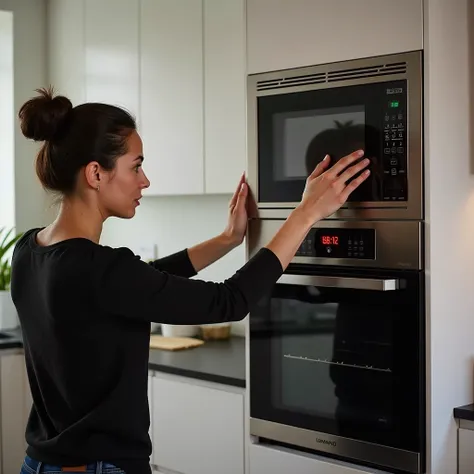 A person inspecting a built-in oven and microwave in a contemporary kitchen, turning on the oven's digital display to check if it heats up properly while also testing the microwave