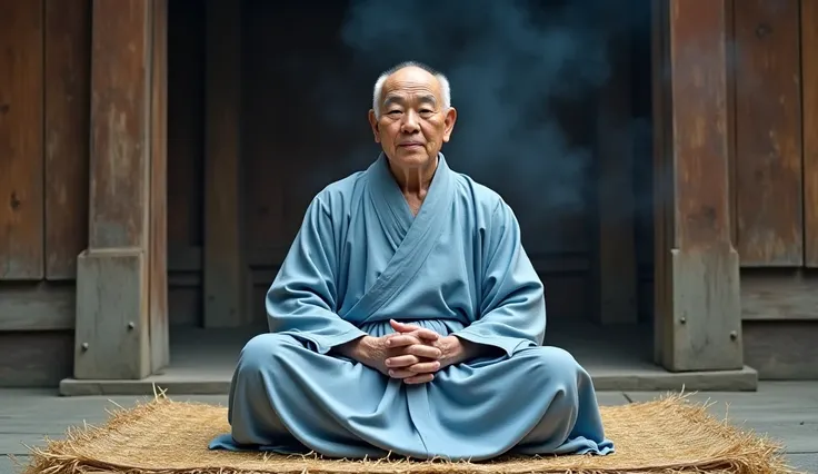 68-year-old Korean sage ,  dressed in a sky blue robe ,  sitting on a straw mat inside an aged wooden temple .  His posture is impeccable ,  and his closed eyes convey absolute tranquility while the scent of incense fills the environment.