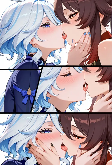 high resolution picture, masterpiece, best quality, amazing quality, official art,  2girls, blush, female, female_only, french_kiss, furina_(genshin_impact), hu_tao_(genshin_impact), kissing, nail_polish, open_mouth, saliva ,tongue, yuri