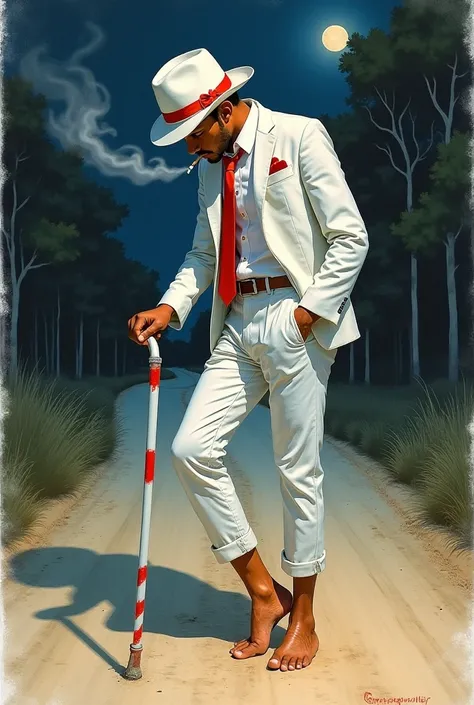 Realistic watercolor painting style image of a male spiritual entity, the appearance of a 19-year-old Northeastern Brazilian youth with tanned skin, head down and wearing a white fedora hat, small red ribbon covering his face a little and wears a white sui...