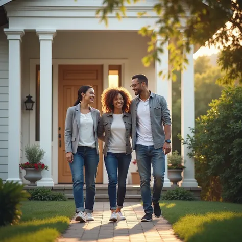 A real estate agent walking alongside a smiling family through a property, showing them the house, with a final shot of the family and the agent standing confidently at the entrance, evoking peace of mind and security