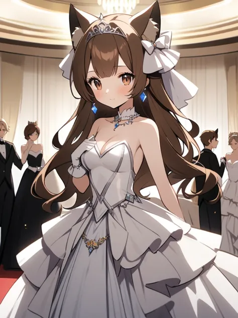 a cat anthropomorphized as a princess, elegant pose, 1girl, cute, tiara, brown hair, long hair, brown eyes, cat ears, white mini dress, middle breasts, cleavage, jewelry, ballroom,