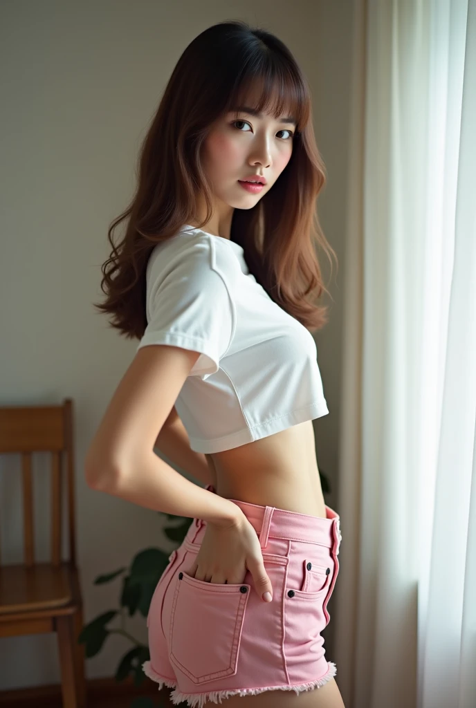 A lonely sad Beautiful healthy energetic brown haired with blunt bangs 24 year old of Asian origin wearing white crop top and pink colored denim shorts with midriff fully shown, arching her back , from the side standing in her house room. Realistic photo. ...