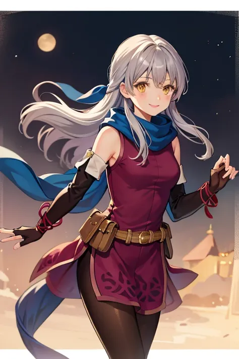 Micaiah_(_emblem),  1 girl,  yellow eyes, Alone,  Grey Hair ,  half up, ribbon,  shoulder out,  dress, Fingerless gloves, sleeveless  dress,  scarf,  bracelet, belt, smile、night、Festivals、 black pantyhose