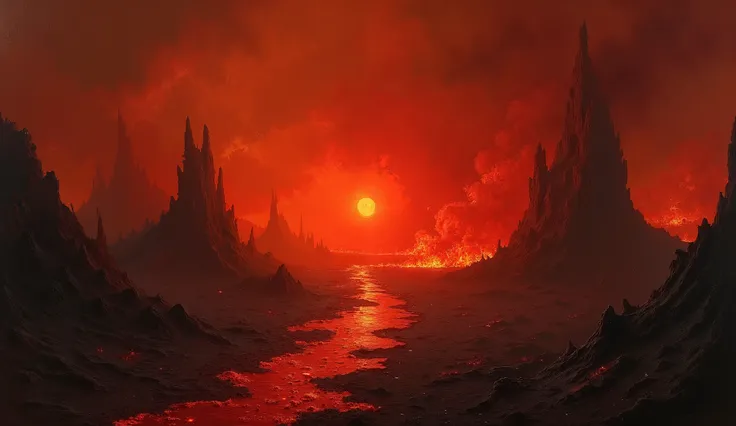 Scenes from Hell A Place Full of Fire, sulfur,  distortions in the scenery,  oil painting, low contrast, The light is extremely dark and red, Avoid placing creatures in the image leave everything desolate