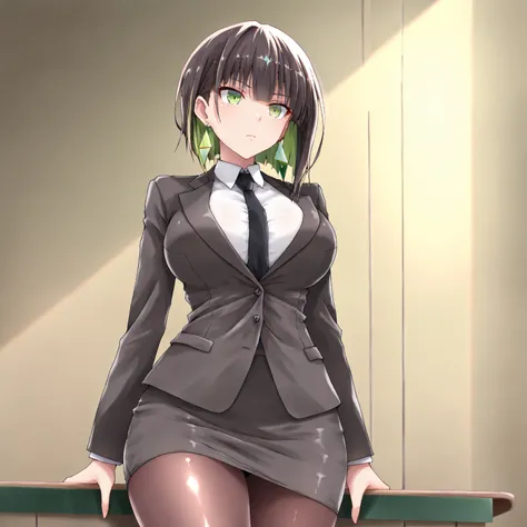 masterpiece, (((( best quality )))),,,shiny skin, wearing a black suit, black tie , tight skirt, black tights, dark hair, short bob hair,The inner color of the hair is green, green eyes,isosceles triangle earrings,,,large breasts,