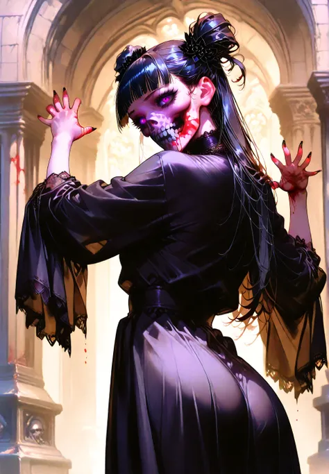 plano americano, goth girl, Skull in her face, black flowers in her hands, blood, in jack-o pose, shows her ass. Background: Cemetery, ravens,