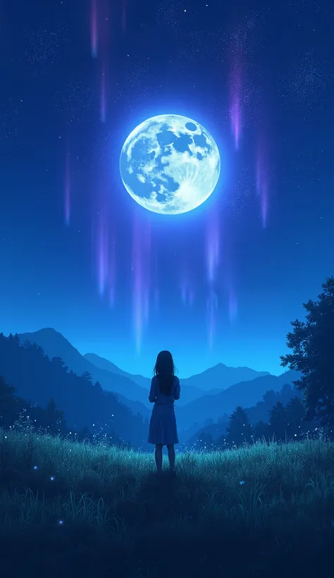 A serene night scene with a person standing in a lush green field, gazing at a bright full moon and a star-filled sky. The sky features glowing purple auroras blending with the stars, creating a mystical atmosphere. The field is dotted with glowing firefli...