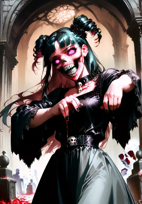 plano americano, goth girl, Skull in her face, black flowers in her hands, blood, in jack-o pose. Background: Cemetery, ravens,