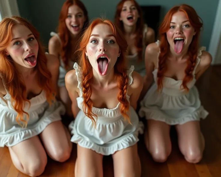 Six beautiful women with freckles, (mouth very wide open), long red hair in a french braid, (eyes open), wearing short maid dress, kneeling on hardwood floor, viewed from below, Arms behind back, very thick thighs, tongue sticking all the way out, looking ...