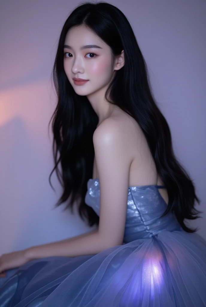 A stunningly beautiful young Korean woman with flawless, porcelain-white skin that appears delicately dewy and glowing, as if she just stepped out of a dream. She wears trendy Douyin style (TikTok) inspired makeup, featuring soft, gradient blush tones, glo...