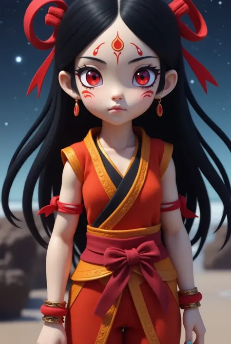  facial close-up , nezha,  long black hair ,  red eyes,  facial marks  ,Spikes ,  Forehead Imprints  ,Red Ribbon Hair Ornaments  , bright color  ， starry sky  ,  exquisite atmosphere  , dream,  high quality , Epic Scene