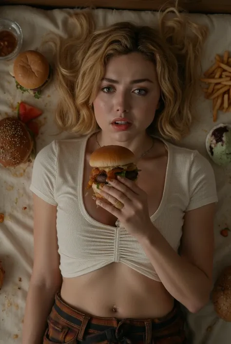 overhead shot of a skinny sexy Peyton List  lying on a greasy bed, full body shown, large smile, skinny waist, big boobs, wide hips, make-up face, looking at camera, holding a greasy wet burger close to her mouth, surrounded by burgers and fries and ice cr...