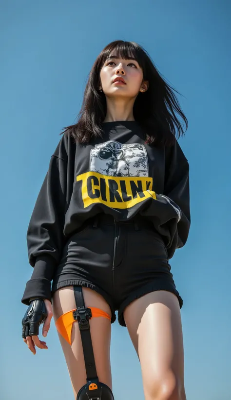 32k, Masterpiece, top quality, ( Korea's Beautiful Woman) Realistic, Low-angle, upward view. black hair, black casual clothing, oversized shirt, graphic design, dark shorts, robotic leg augmentations, yellow-orange, mechanical joints, Deep Sky Blue backgro...