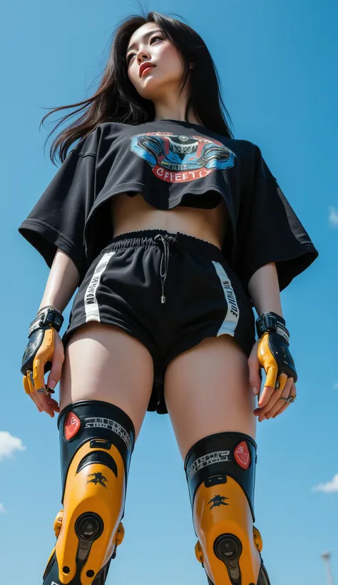 32k, Masterpiece, top quality, ( Korea's Beautiful Woman) Realistic, Low-angle, upward view. black hair, black casual clothing, oversized shirt, graphic design, dark shorts, robotic leg augmentations, yellow-orange, mechanical joints, Deep Sky Blue backgro...