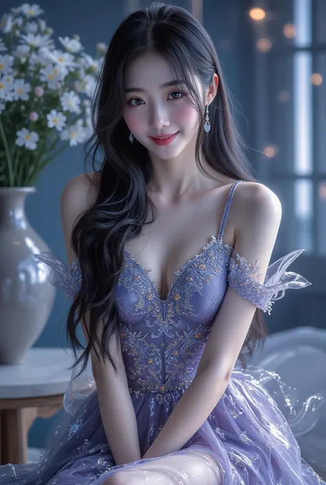 A stunningly beautiful young Korean woman with flawless, porcelain-white skin that appears delicately dewy and glowing, as if she just stepped out of a dream. She wears trendy Douyin style (TikTok) inspired makeup, featuring soft, gradient blush tones, glo...