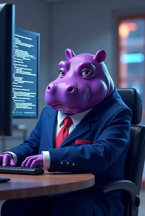 Violet-colored hippopotamus in a suit and creating an AI website