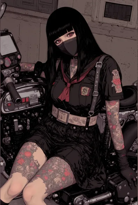 beautiful detailed eyes,Highest Image Quality,best quality ,Ultra-high definition,2.5d image,detailed face, beautiful face ,(sitting a bike,Kawasaki modified motorcycle),from below ,fullbody shot,(japanse traditional tattoo,irezumi,wearing black mask)show ...