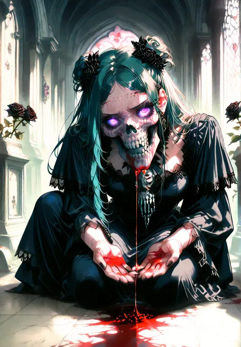 plano americano, goth girl, Skull in her face, black flowers in her hands, blood,sexy laying in the floor, roses. Background: Cemetery, ravens,