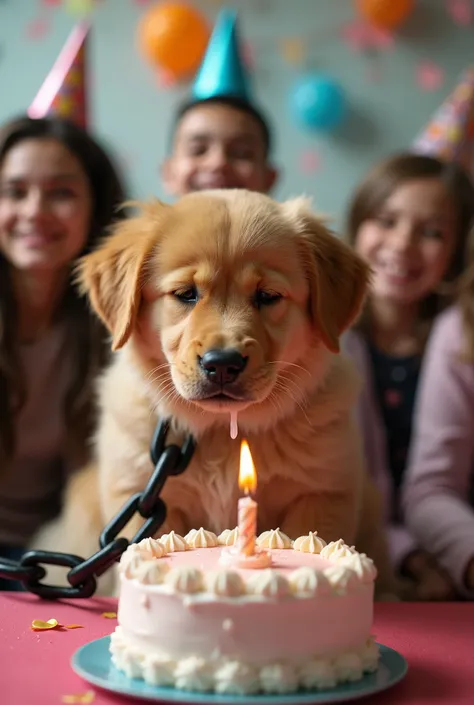  A golden puppy ,  and chained with a thick black chain ,  sitting in front of a birthday cake with a burning candle . The atmosphere is a birthday party ,  with several people in the background wearing festive hats and smiling , looking happy .  The puppy...