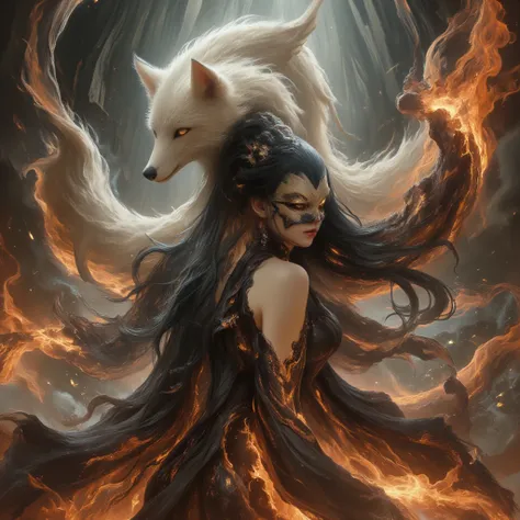 abstract painting, a woman with a white fox on her head, the woman is masked and has black hair, smoke, powerful, fire storm, 4k