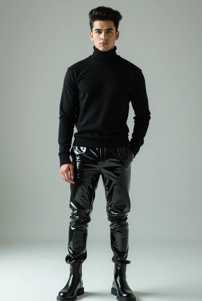 A Pakistan beautiful stylish man 20 years white skin and Black hair and black cotton pullover neck tight shirt and black latex shining pants and black shining latex boots full outfits standing Man high quality 8k uhd upscale realistic 