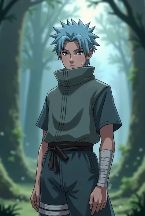 Create a photo of an invented character from the world of Naruto with light blue hair and gray clothes and bandage on his right hand