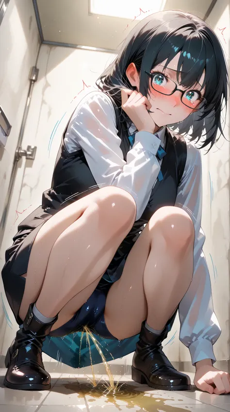 anime - style illustration of a woman in a black vest and pencilskirt, anime character, official character art, full body, female anime girl, (black hair:1.5), (tanned:0.5), (sweaty:1.2), glasses, in the restroom, (leaning forward squatting:1.5), looking a...