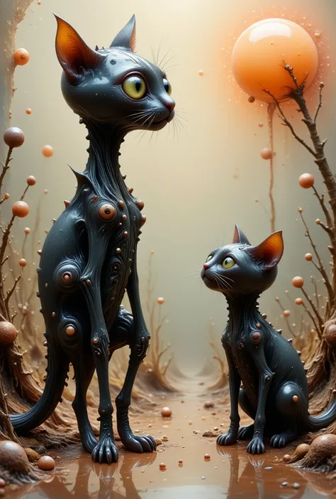 Surreal, abstract painting featuring two black cats with exaggerated, whimsical features. The larger cat stands upright on two legs, with a tall, slender body and a large, round head with wide, expressive eyes. The smaller cat sits on all fours, looking up...