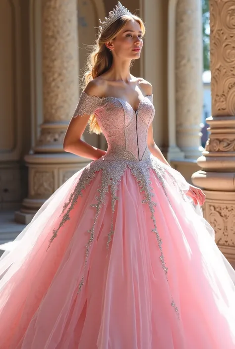 Light pink ball gown with silver details.