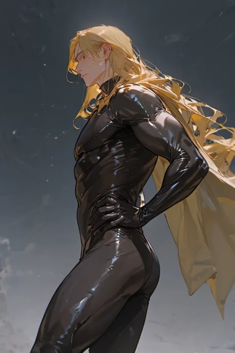 masterpiece, newest, absurdres, safe Solo, high detailed, male, handsome masculine male, Sexy male. Masculine male. Handsome Male, sexy male, Seductive, blonde hair, long hair, spandex, skin tight suit, cape, superhero hands on his hips, flying in the air,...