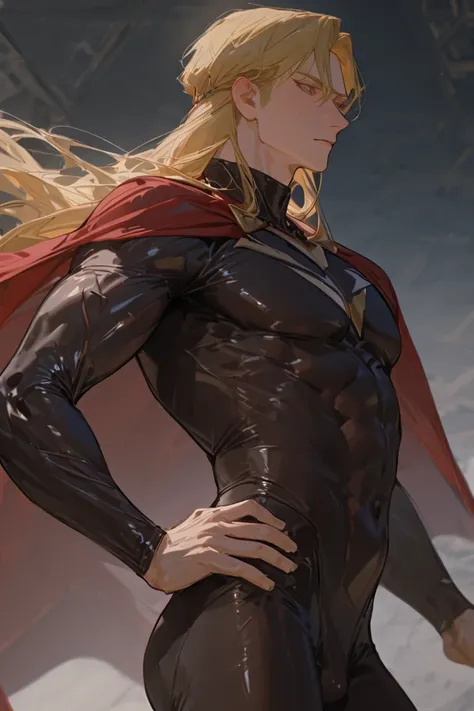 masterpiece, newest, absurdres, safe Solo, high detailed, male, handsome masculine male, Sexy male. Masculine male. Handsome Male, sexy male, Seductive, blonde hair, long hair, spandex, skin tight suit, cape, superhero hands on his hips, flying in the air,...