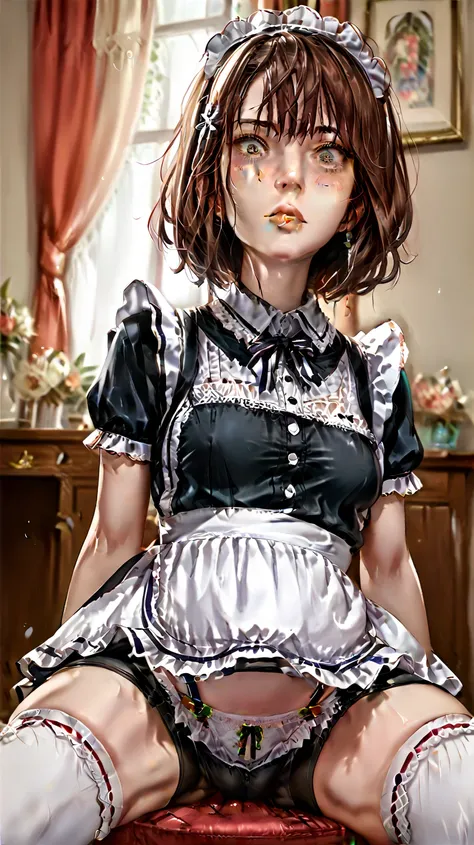 1 girl,  maid, sitting, ruffled socks , underneath, Solas,  embarrassed,  bike shorts,  pursed lips,  fingerless underwear,  cross underwear ,  masterpiece,  better quality,  uncensored